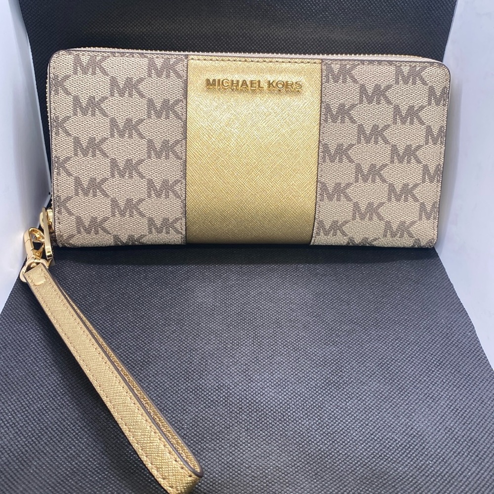 🤎💛MICHAEL KORS🤎💛Nat/Gold Jet Set Center Stripe Travel Continental Wallet/NWT - Picture 2 of 8